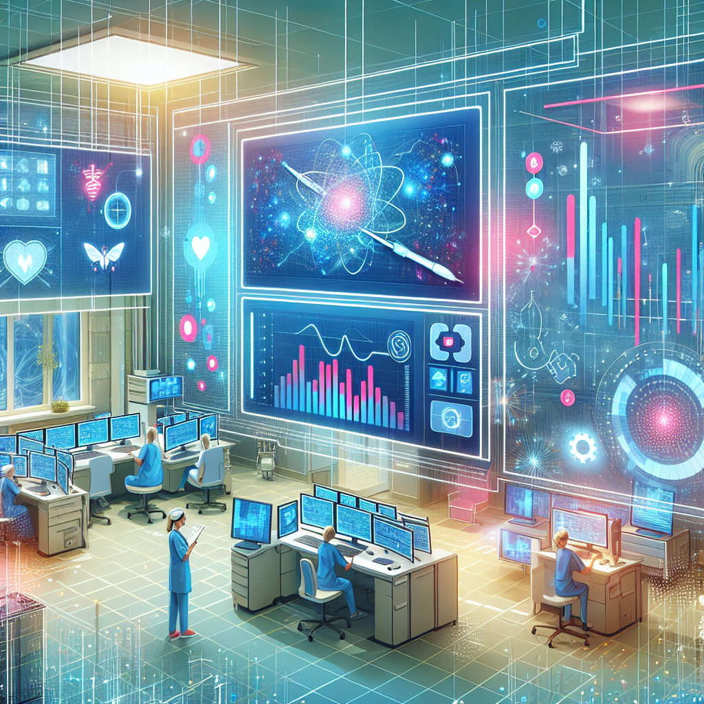 uma representação gráfica de um sistema de inteligência artificial analisando dados médicos em um ambiente hospitalar, com…