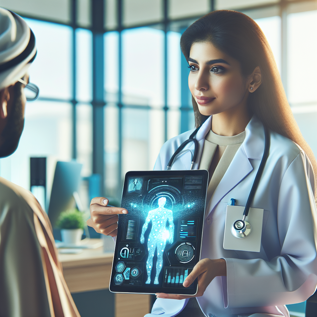 um médico utilizando um tablet com gráficos e dados de IA, enquanto interage com um paciente em um consultório moderno…