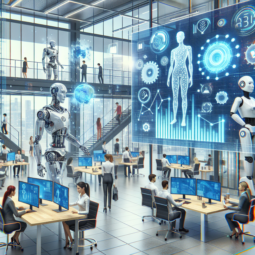 uma representação futurista de um ambiente de trabalho onde humanos e robôs colaboram em harmonia, com telas digitais…