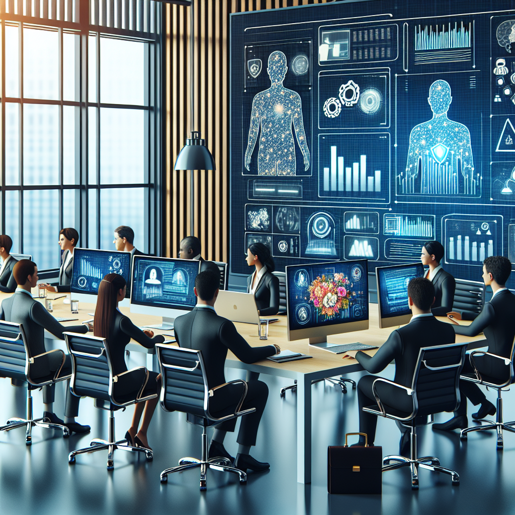 uma imagem de um escritório de advocacia moderno com computadores e telas exibindo gráficos e dados relacionados à…