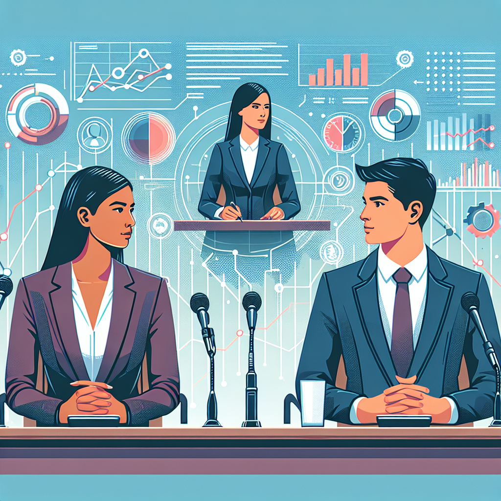 uma imagem que representa um advogado discutindo questões éticas em um painel, com gráficos e dados sobre inteligência…
