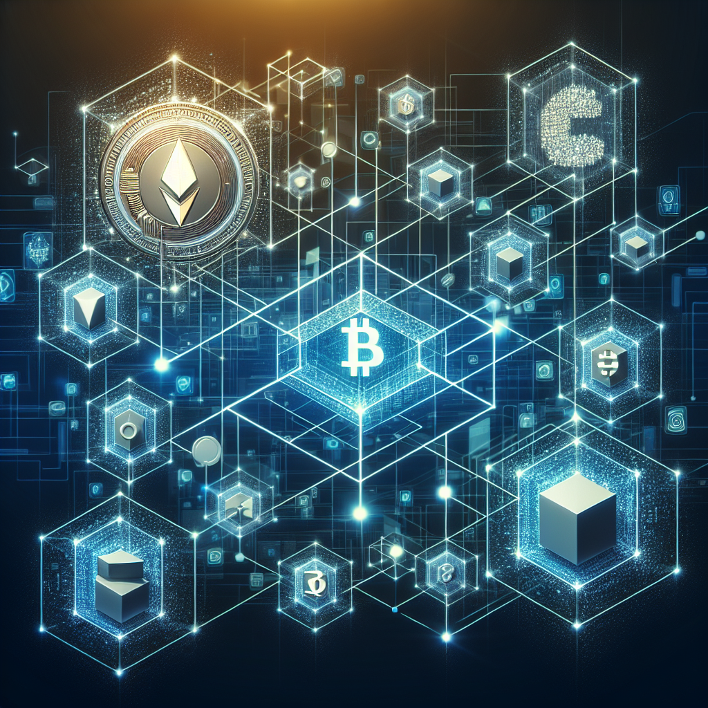 uma representação gráfica de uma rede blockchain, com blocos interconectados e símbolos de criptomoedas, ilustrando a…