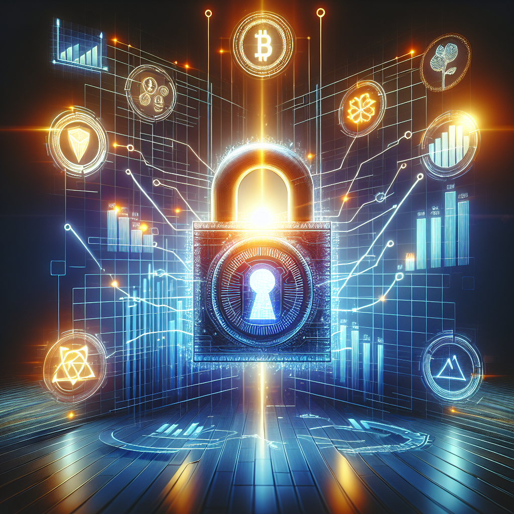 uma ilustração de um cadeado digital representando a segurança da blockchain, com gráficos de crescimento e transparência…