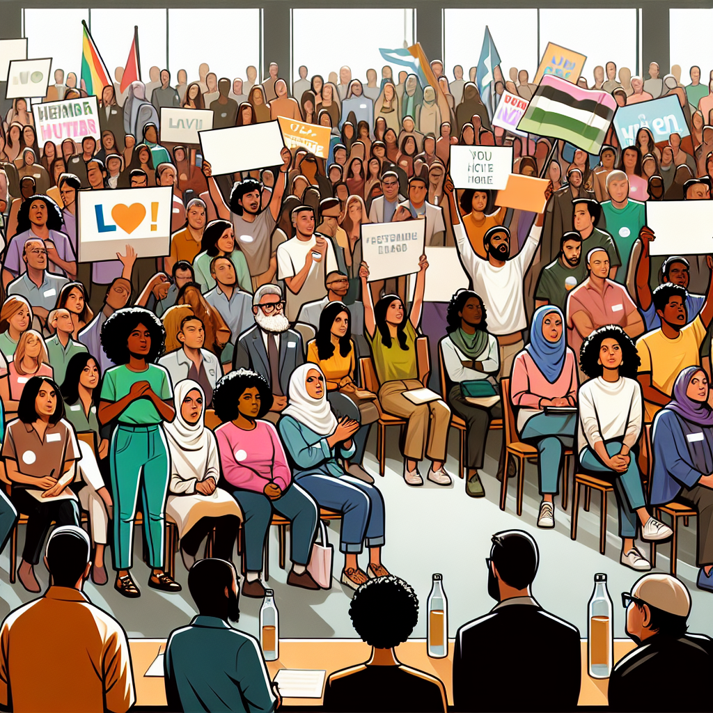 uma ilustração de um grupo diversificado de cidadãos participando de uma assembleia comunitária, com banners e cartazes…