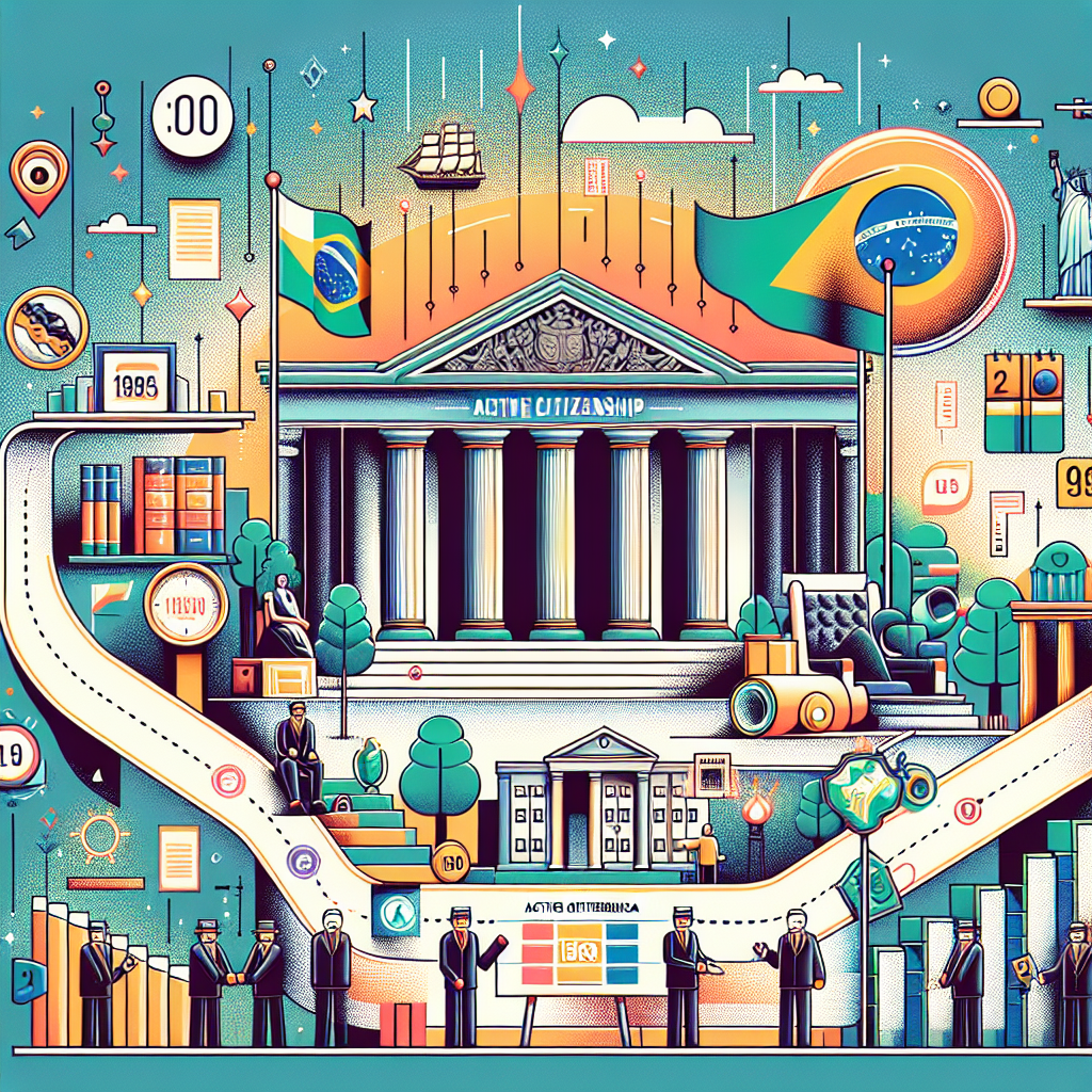 Uma linha do tempo ilustrando a evolução da cidadania no Brasil, com marcos históricos como a independência, a Proclamação…