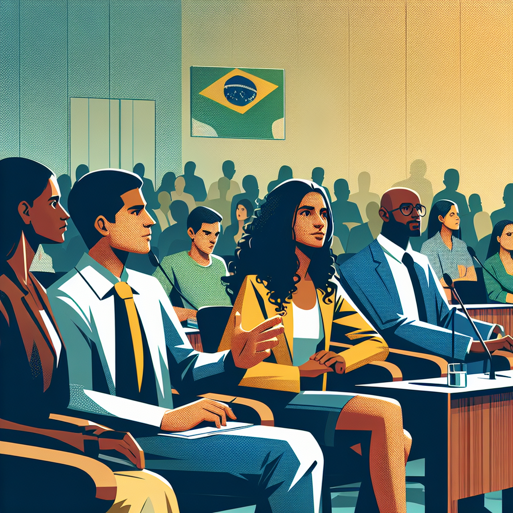 Um grupo diversificado de cidadãos participando de uma audiência pública, com expressões de interesse e engajamento, em um…