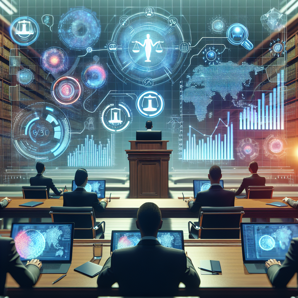 Uma ilustração mostrando um tribunal moderno com tecnologia, advogados utilizando tablets e gráficos de análise de dados em…