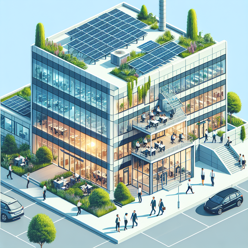 uma representação gráfica de uma empresa moderna e sustentável, com painéis solares no telhado, áreas verdes e pessoas…