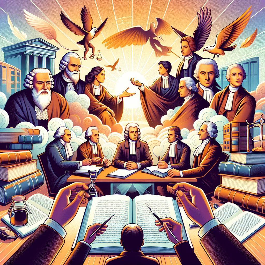 Uma ilustração representando pensadores iluministas discutindo ideias de liberdade e direitos humanos, com livros e…