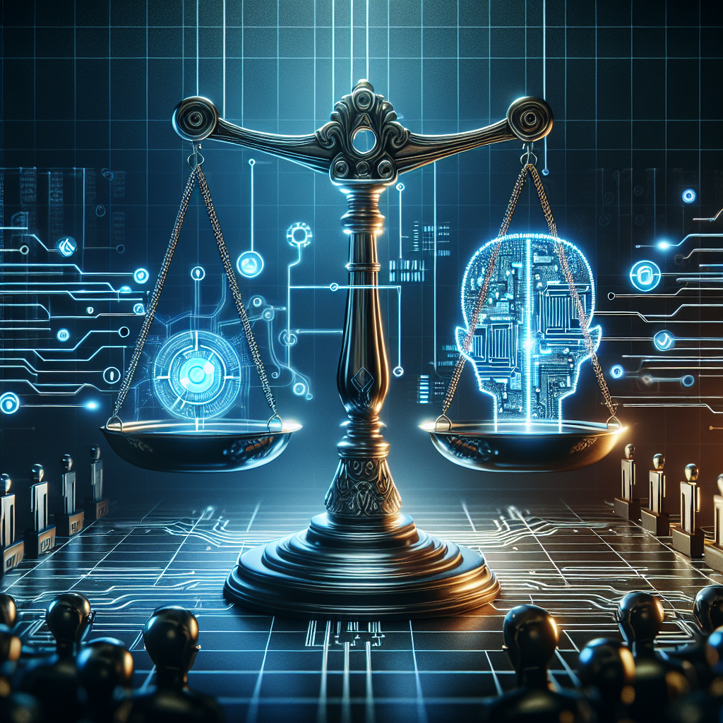 Uma balança de justiça com elementos tecnológicos, como circuitos e dados, simbolizando o equilíbrio entre a ética e a…