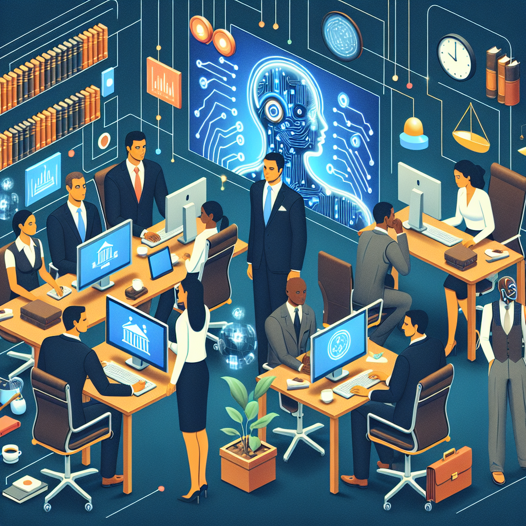 Uma representação visual de um escritório de advocacia moderno, com advogados utilizando tecnologias de inteligência…