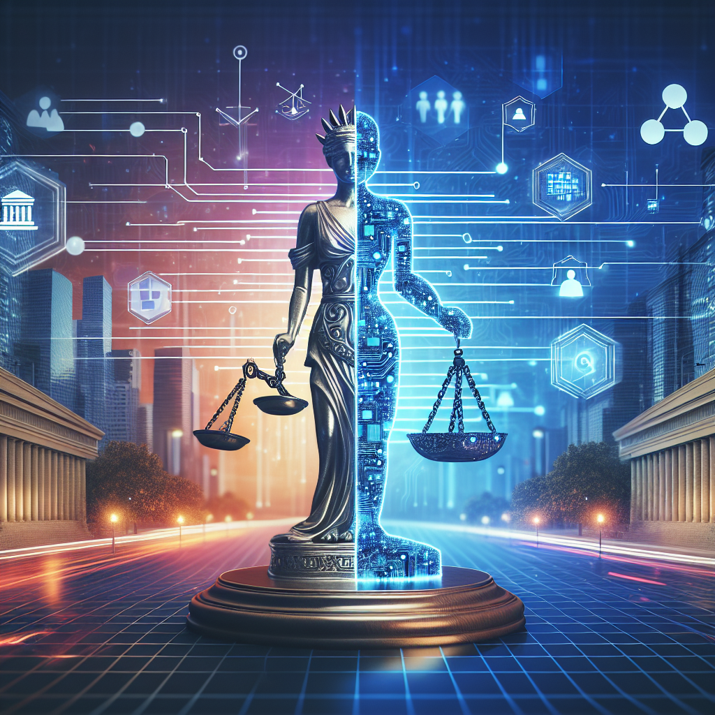 Uma balança da justiça, com elementos tecnológicos como circuitos e dados digitais, simbolizando a interseção entre direito…