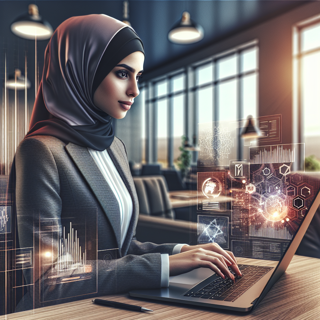 uma imagem ilustrativa de um advogado usando um laptop em um escritório moderno, com gráficos e dados digitais visíveis na…