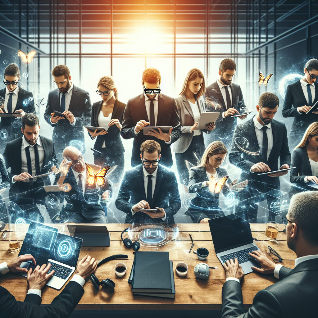 uma imagem de um grupo de advogados em um workshop, interagindo com tecnologia e dispositivos digitais, refletindo a…