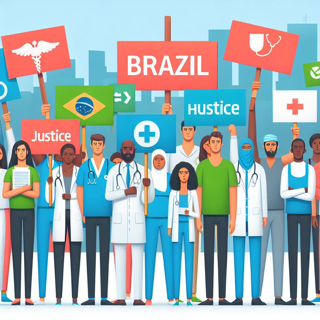 uma imagem de uma manifestação pacífica, com pessoas segurando cartazes em defesa dos direitos à saúde, simbolizando a luta…