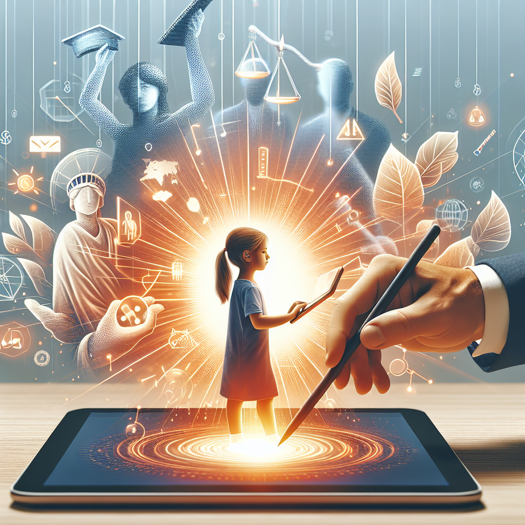 uma criança usando um tablet para aprender sobre leis e justiça