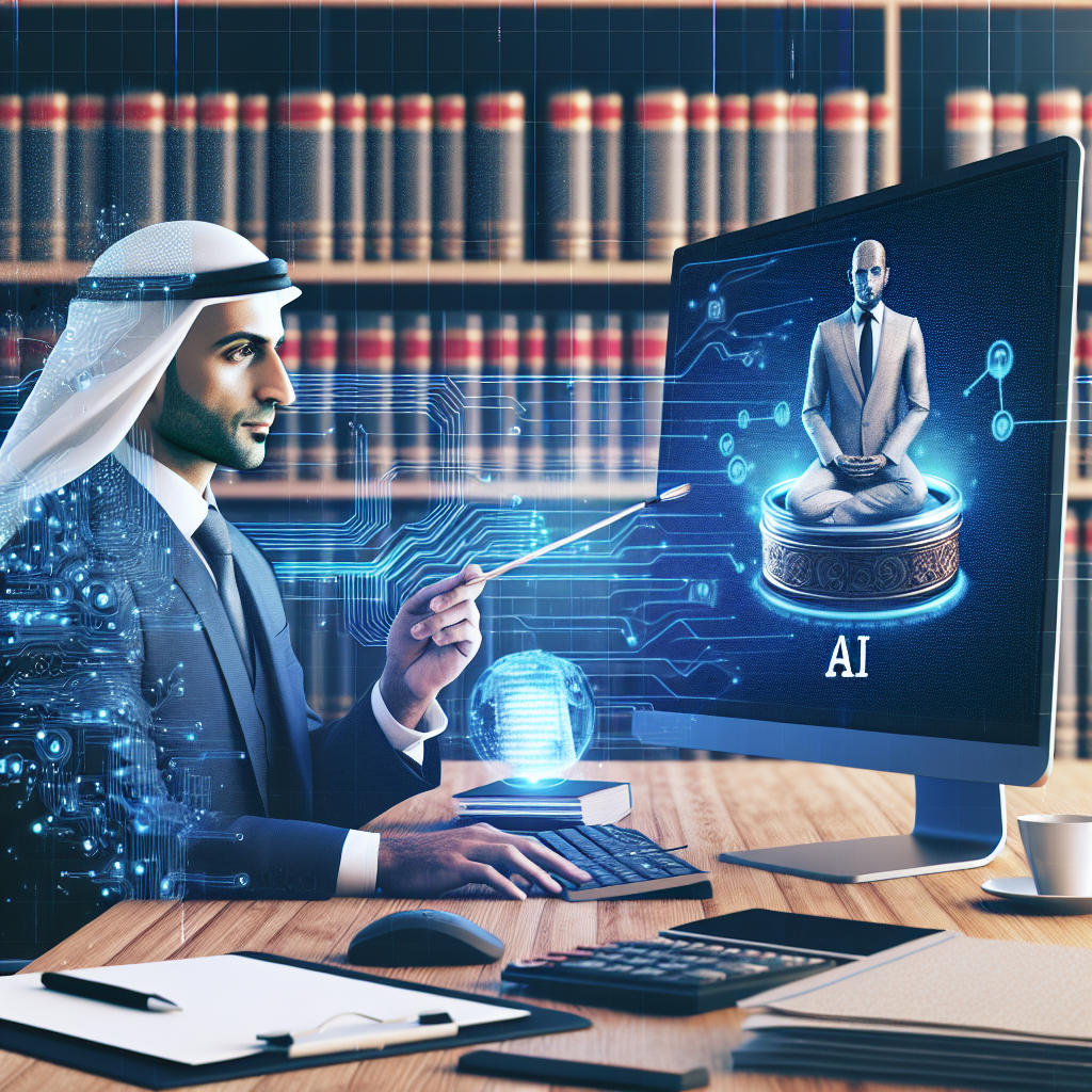 Advogado utilizando software de IA em um desktop moderno, analisando documentos jurídicos complexos
