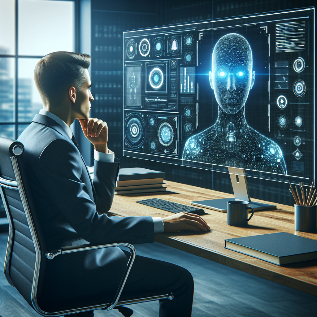 advogado em frente a um computador com interface gráfica de IA
