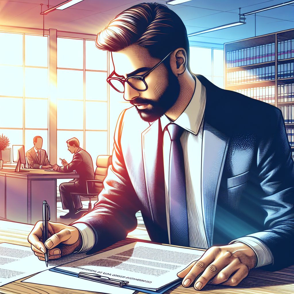 advogado analisando documentos em escritório moderno com luz natural