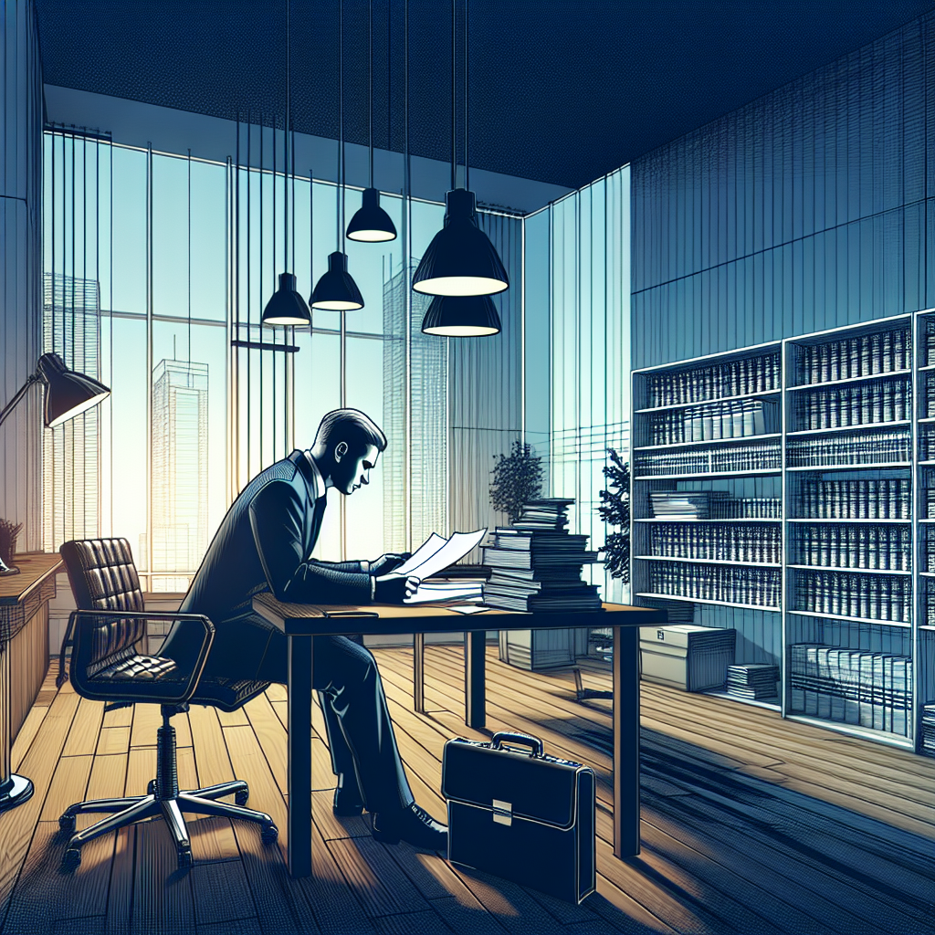 advogado analisando documentos em escritório moderno com luz natural