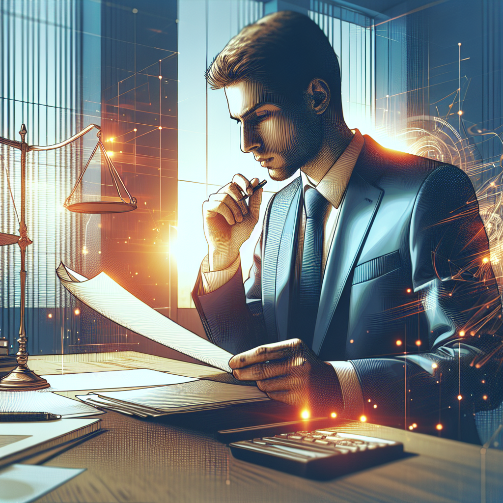 advogado analisando documentos em escritório moderno com luz natural