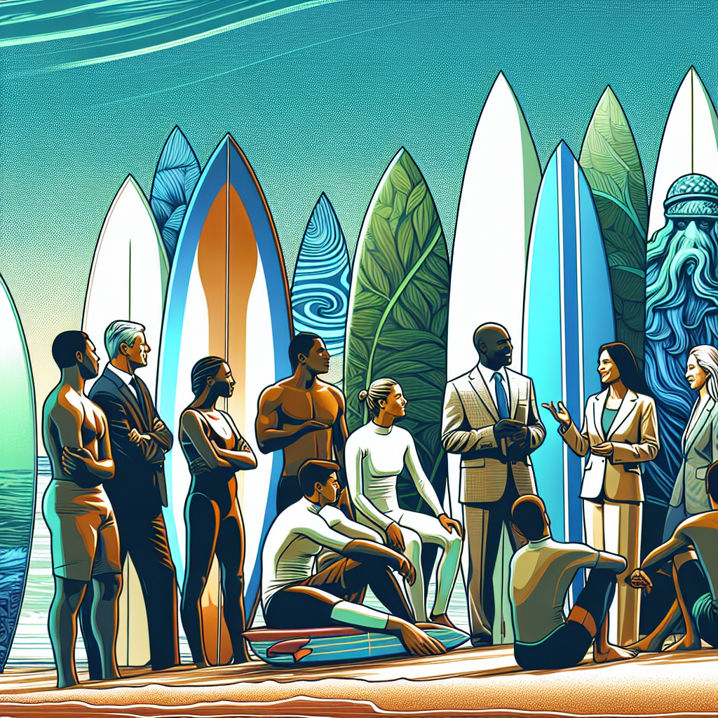 surfistas reunidos em uma praia, discutindo práticas sustentáveis com um consultor ambiental