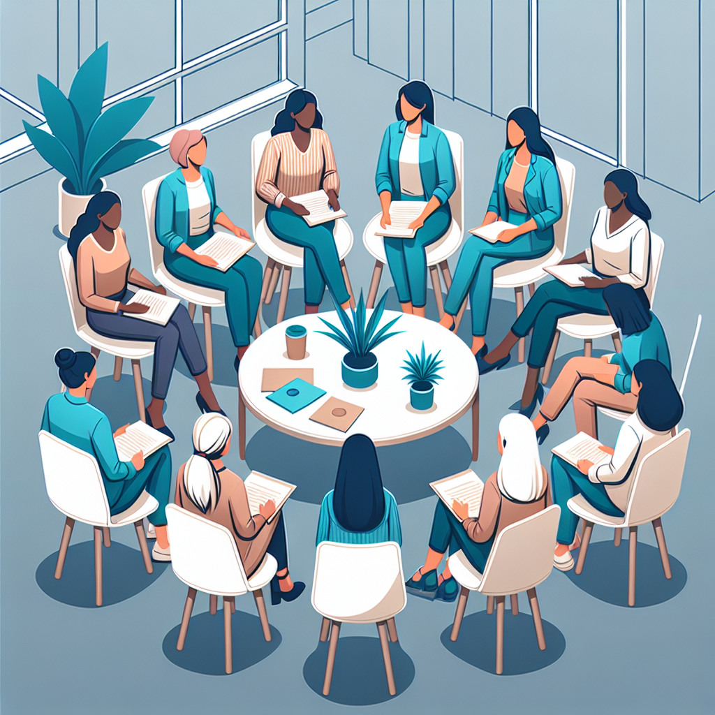 Uma roda de conversa em uma comunidade, com mulheres de diferentes origens discutindo políticas de proteção e apoio às…