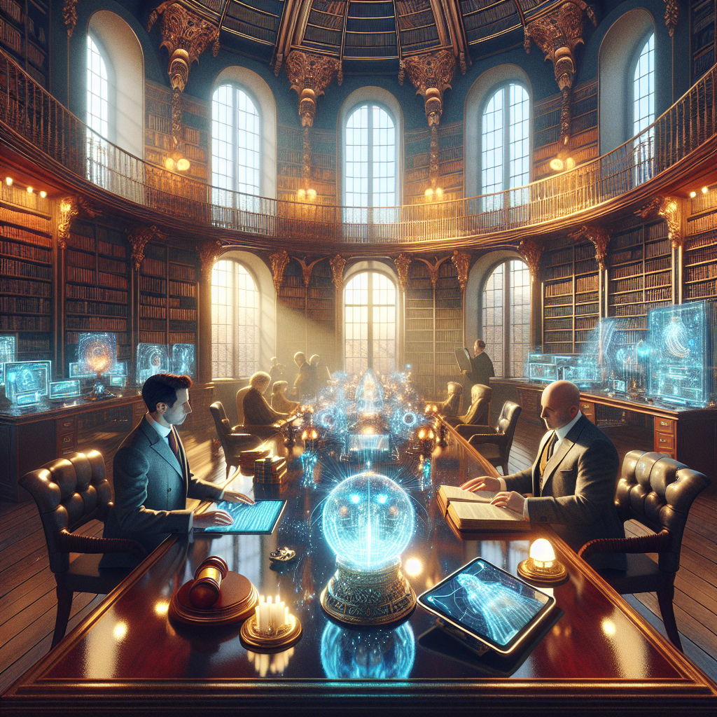 A captivating library interior, showcasing a blend of modern and classic architecture. Sunlight filters through large…