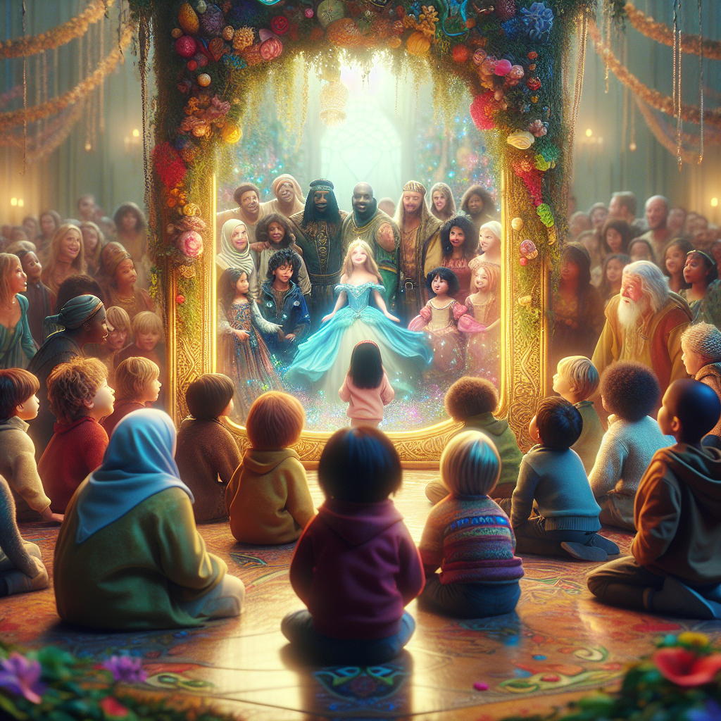 A captivating scene set in a whimsical kingdom, where children gather around a giant, magical mirror reflecting vibrant…