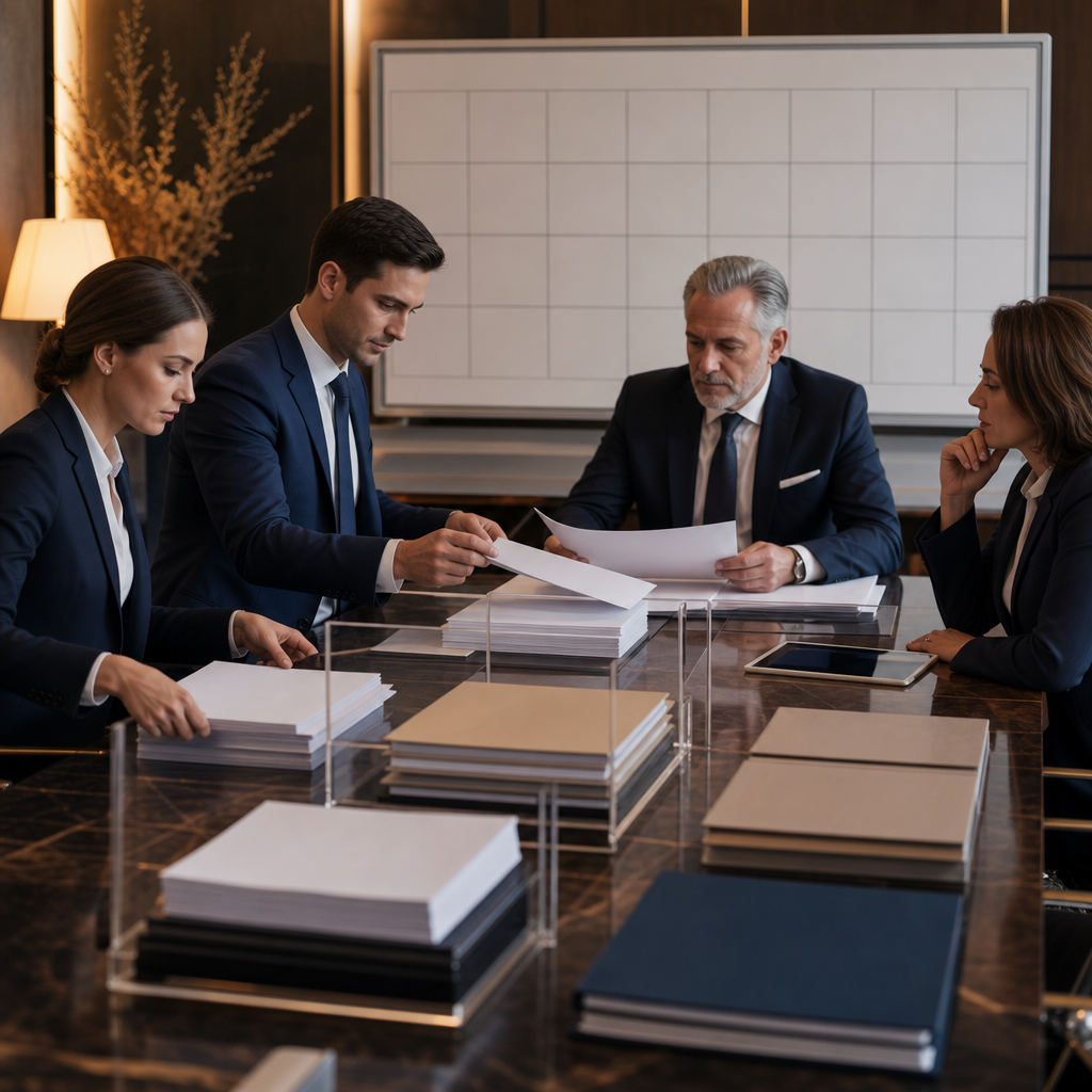 Premium modern editorial photograph, 16:9 landscape, inside a sophisticated public administration meeting room. A procurement team organizes blank documents, a completely blank calendar board, and neu