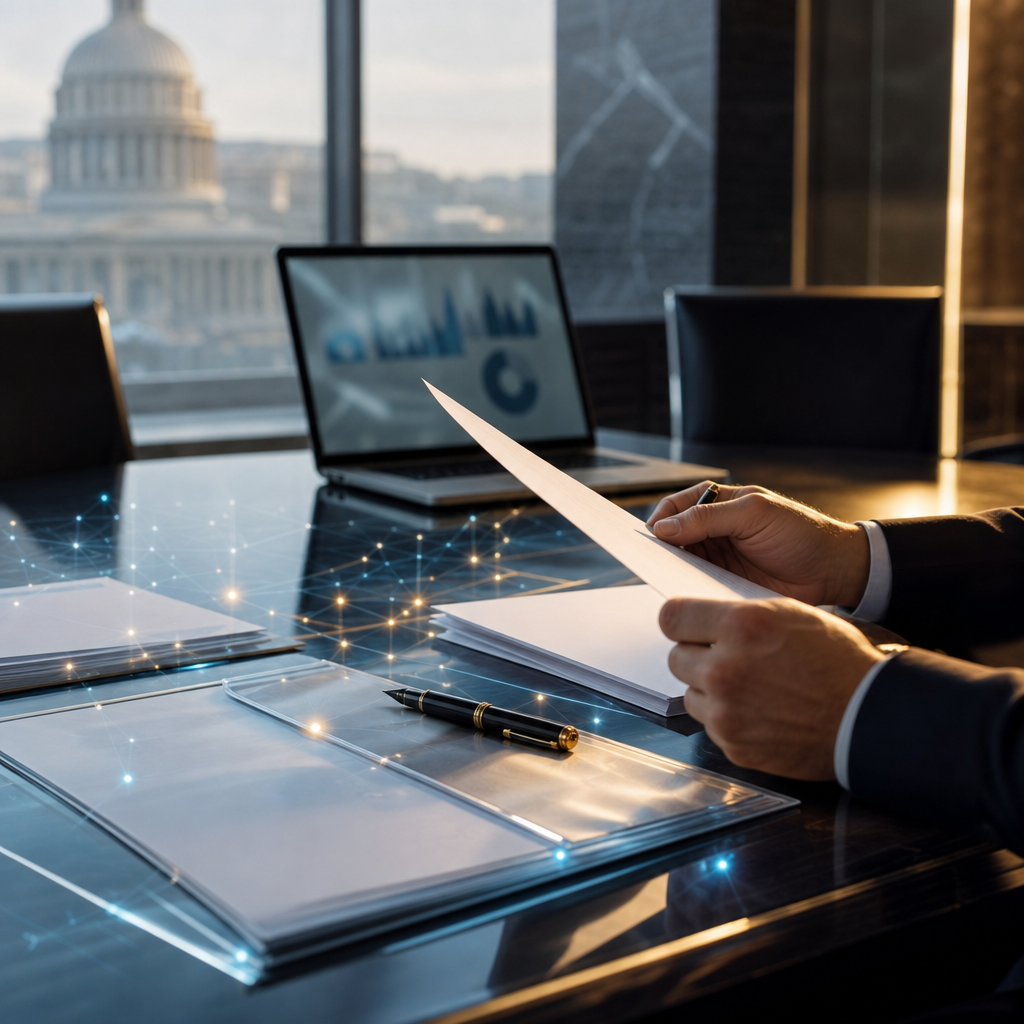 Modern premium editorial photography, 16:9 landscape blog header style. A sophisticated legal review scene in a contemporary office: a polished conference table with neatly arranged blank public procu