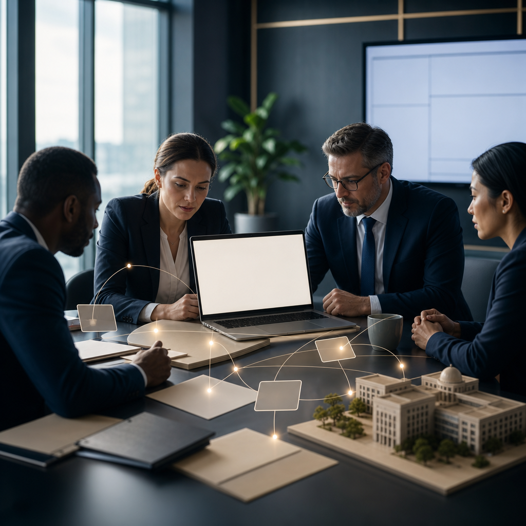 Modern premium editorial photograph, 16:9 landscape, showing a polished government procurement planning workspace. A diverse team of public-sector professionals sits around a sleek conference table re