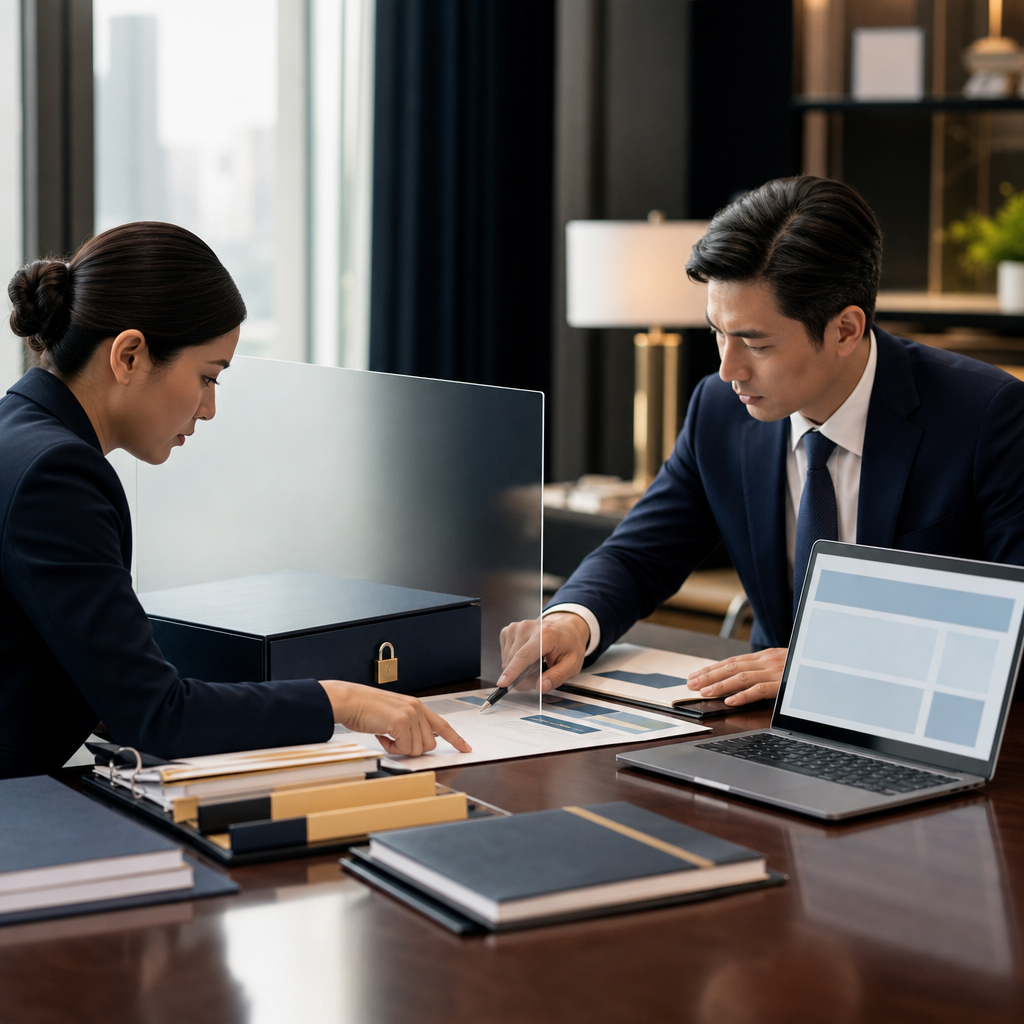 Modern premium editorial photograph, landscape 16:9, showing a government procurement planning workspace that bridges confidentiality and digital management. A polished conference table with neatly ar