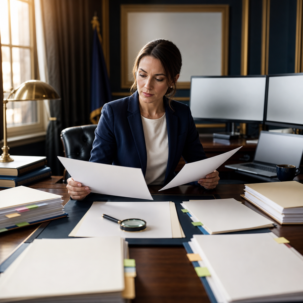 Modern premium editorial photograph, 16:9 landscape, showing a public procurement analyst at a refined government-style office desk comparing multiple blank paper documents and softly blurred official
