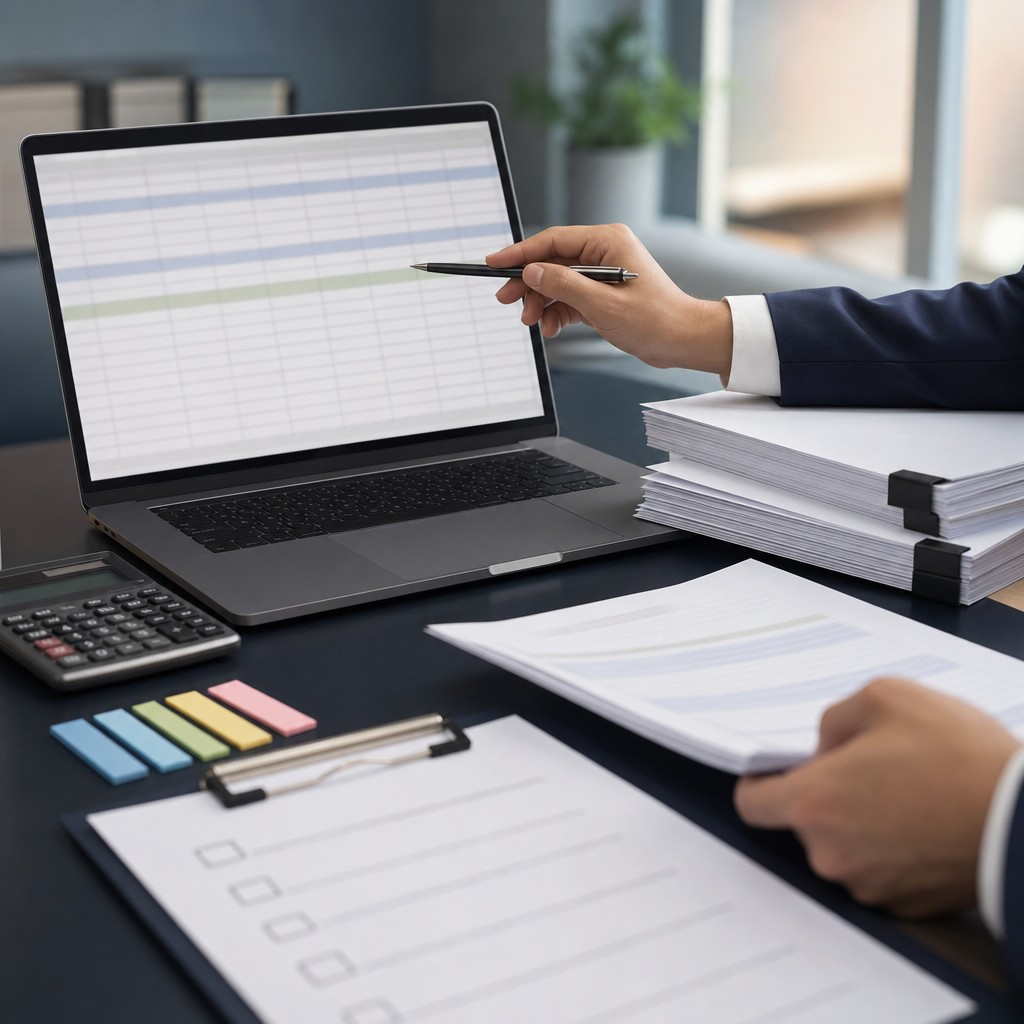 Modern premium editorial photograph, 16:9 landscape, showing a clean government procurement review workspace: a sleek desk with an open laptop displaying only a blurred blank grid-like spreadsheet wit