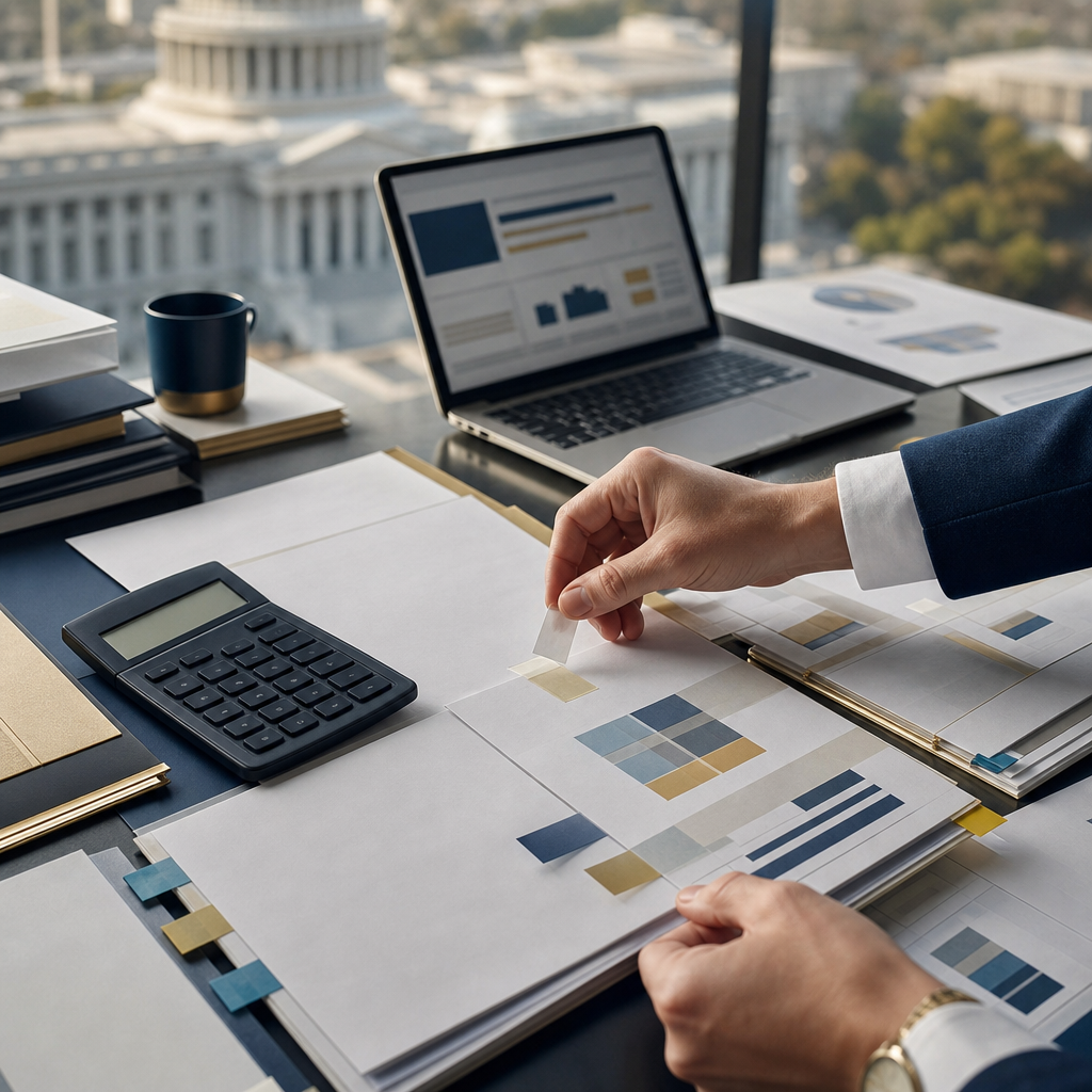 Modern premium editorial photography, 16:9 landscape header-style composition. A refined public administration workspace seen from a slight overhead angle: neatly arranged blank documents, a calculato