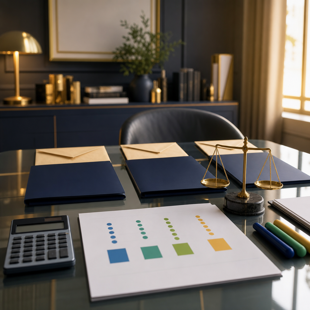 Modern premium editorial photograph, landscape 16:9, showing a public procurement analyst’s desk where fair supplier price research transitions into statistical evaluation. Three identical blank propo