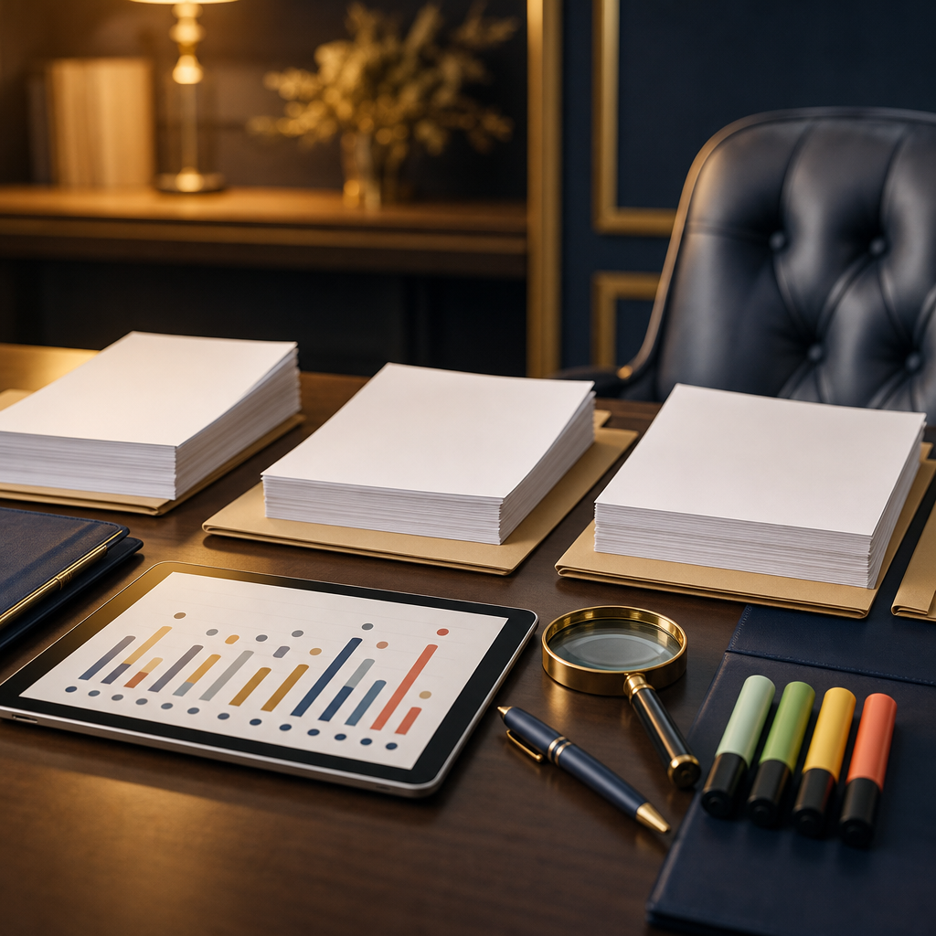 Modern premium editorial photograph, 16:9 landscape, showing a sophisticated public procurement price research workspace. On a polished desk, several clean blank proposal forms are arranged in three d