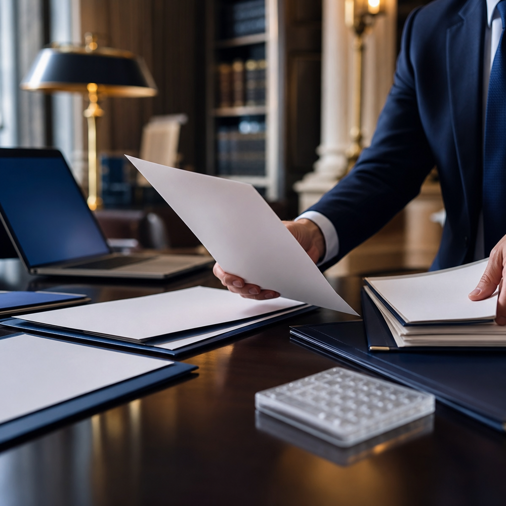 Modern premium editorial photograph, 16:9 landscape, inside a refined government procurement office. A polished conference table holds several blank supplier proposal sheets, a blurred laptop with an