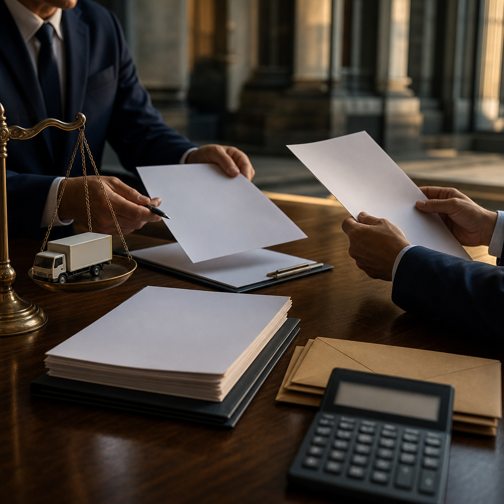 Modern premium editorial photograph, landscape 16:9, showing a polished government procurement meeting table in a sophisticated office. On one side, a balanced scale holds blank contract pages and a s