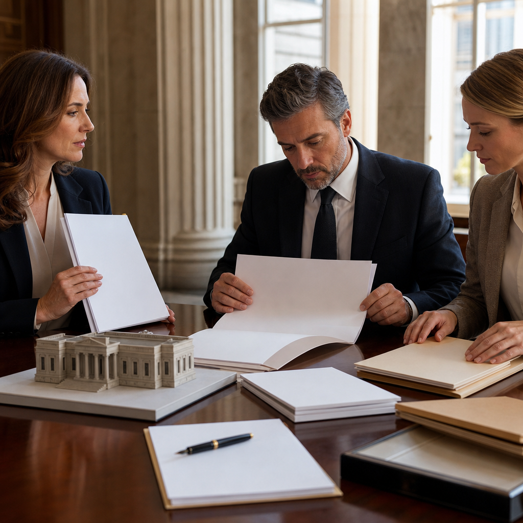 Modern premium editorial photograph, 16:9 landscape, showing a refined public administration planning meeting in a bright institutional office. Three professionals sit around a polished table, each re