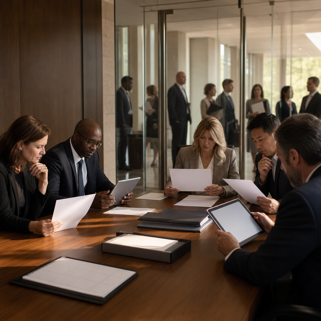 Modern premium editorial photograph, 16:9 landscape, inside an elegant public-sector meeting room with warm cinematic light. A diverse group of procurement professionals sit around a polished table, r