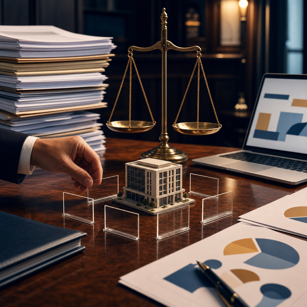 Modern premium editorial photograph, 16:9 landscape, showing a refined public procurement workspace where a balanced scale…