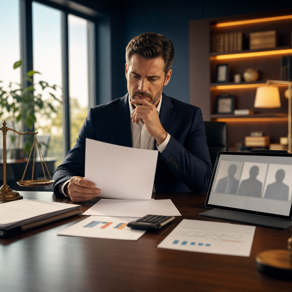 Modern premium editorial photograph, 16:9 landscape, inside a sophisticated public administration office. A thoughtful…