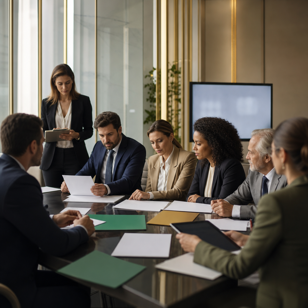 Modern premium editorial photograph, landscape 16:9, inside a refined public administration office in Brazil. A diverse…