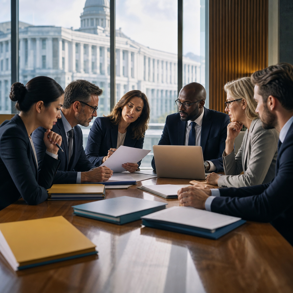 Modern premium editorial photograph, 16:9 landscape, showing a refined government procurement strategy meeting in a…