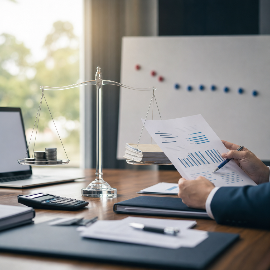 Modern premium editorial photograph, 16:9 landscape, illustrating public procurement price analysis without any visible…