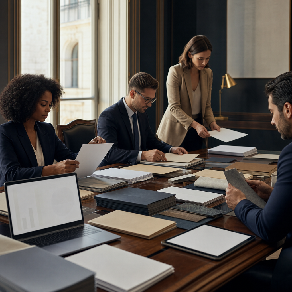Modern premium editorial photography, 16:9 landscape header-style composition. A public procurement analysis scene in a…