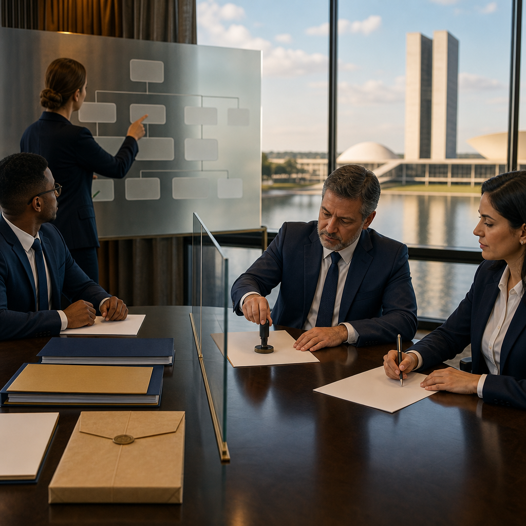 Modern premium editorial photograph, 16:9 landscape, showing a Brazilian public procurement governance scene without any…