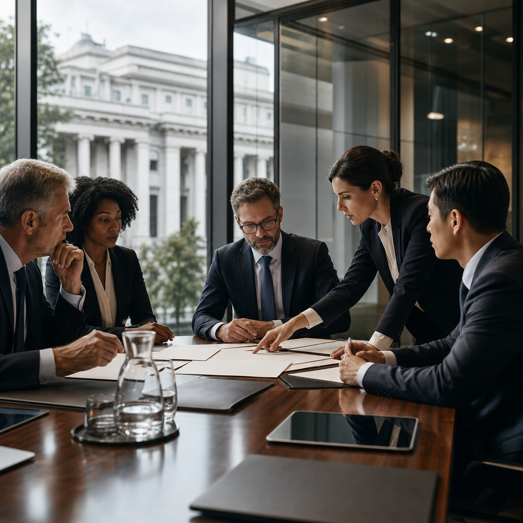 Modern premium editorial photograph, 16:9 landscape header composition, inside an elegant corporate boardroom connected…